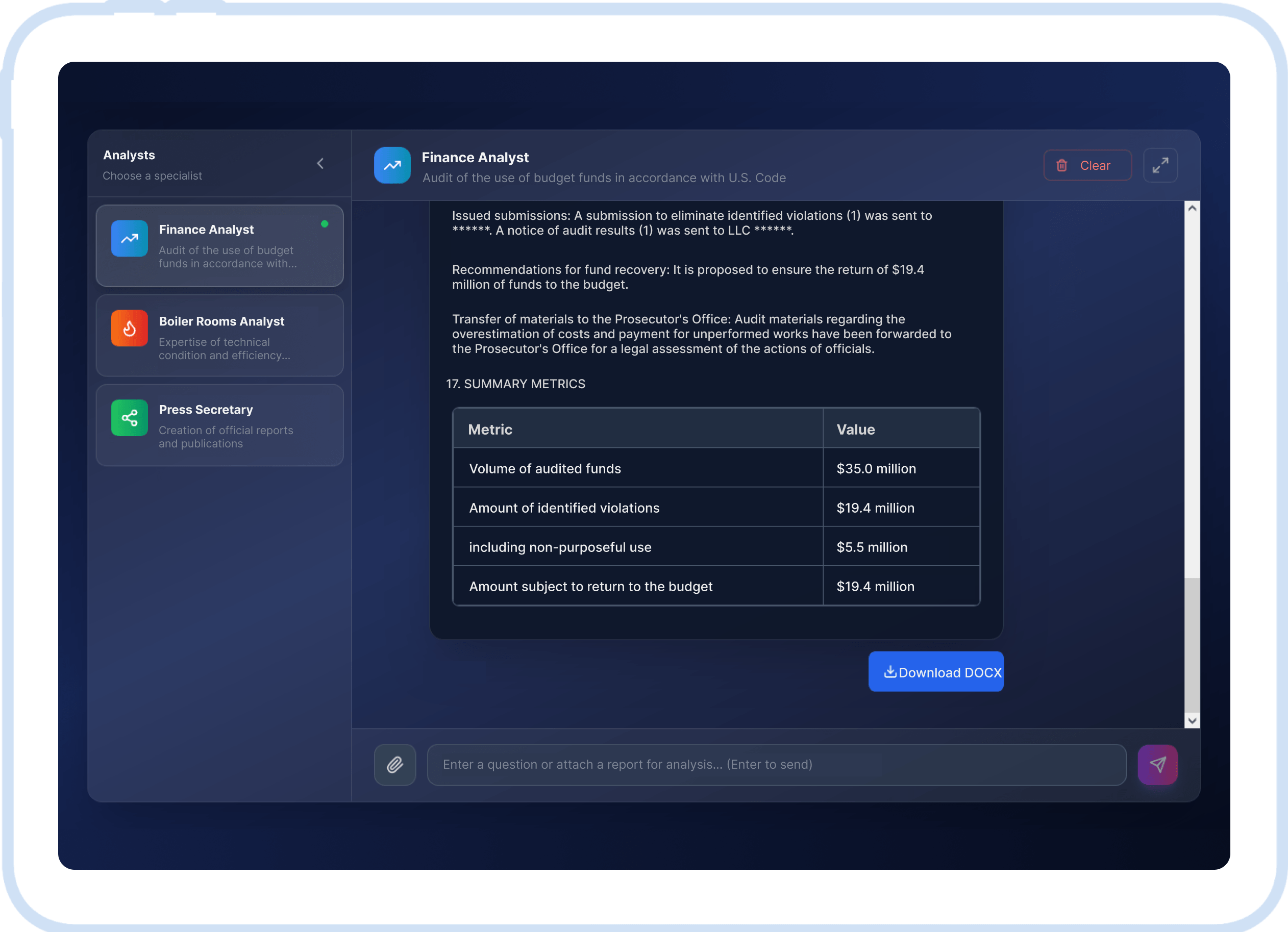 AI System for Auditing Budgetary Funds